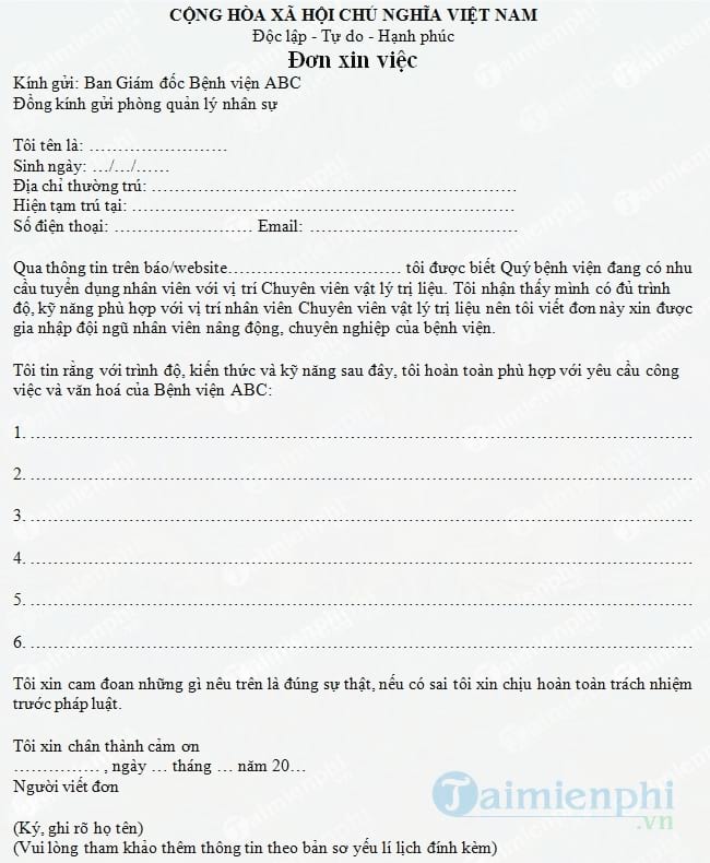 Đơn xin việc chuyên viên vật lý trị liệu