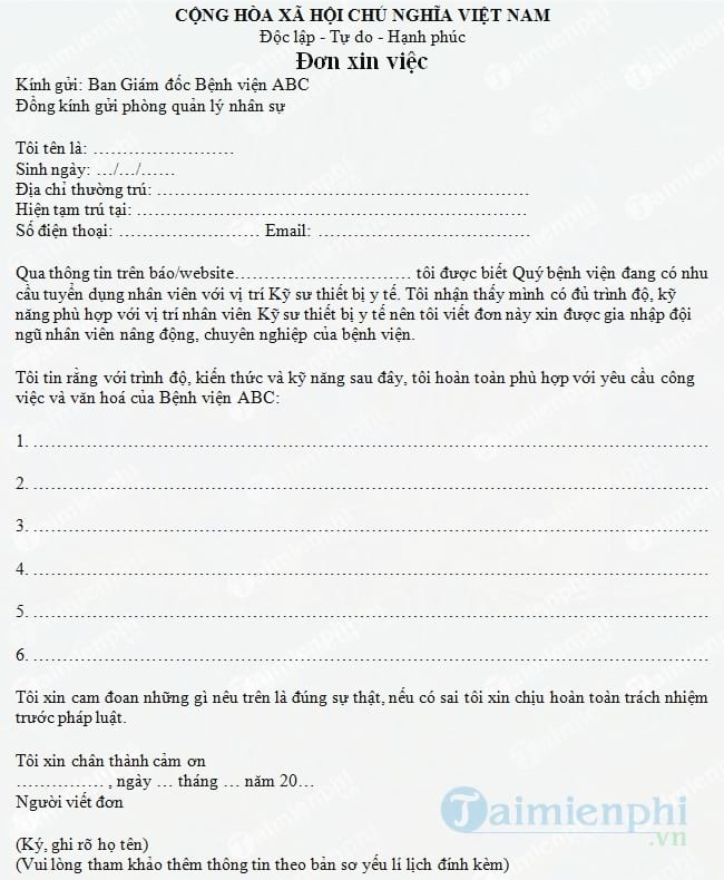 Đơn xin việc Kỹ sư thiết bị Y tế