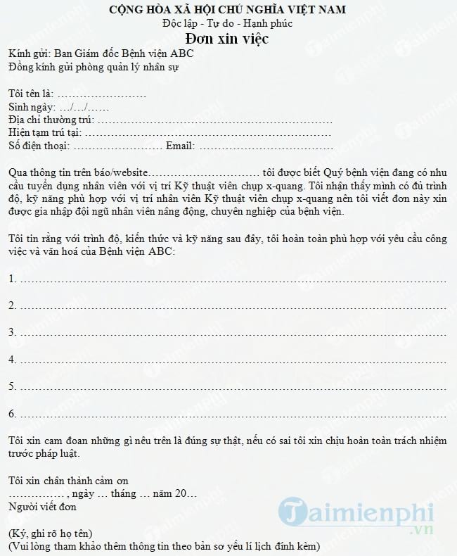 Đơn xin việc Kỹ thuật chuyên chụp X- quang