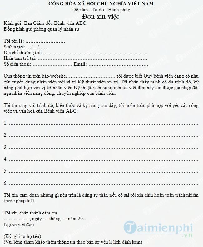 Đơn xin việc Kỹ thuật viên trị xạ