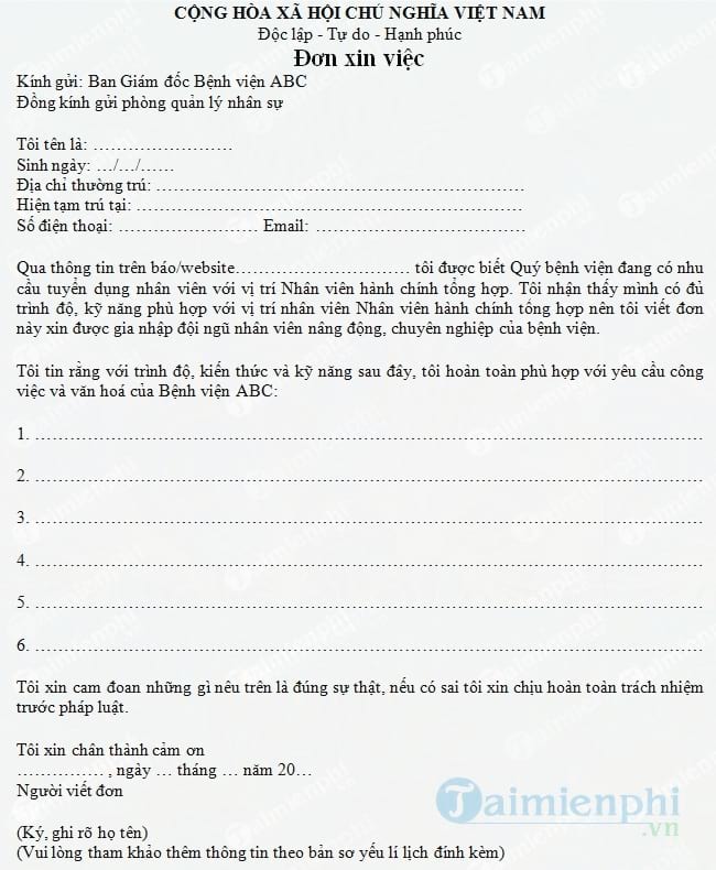 Đơn xin việc Nhân viên hành chính tổng hợp