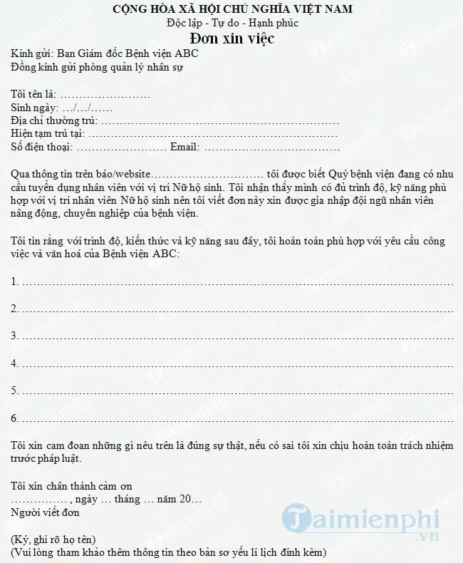 Đơn xin việc nhân viên nữ hộ sinh
