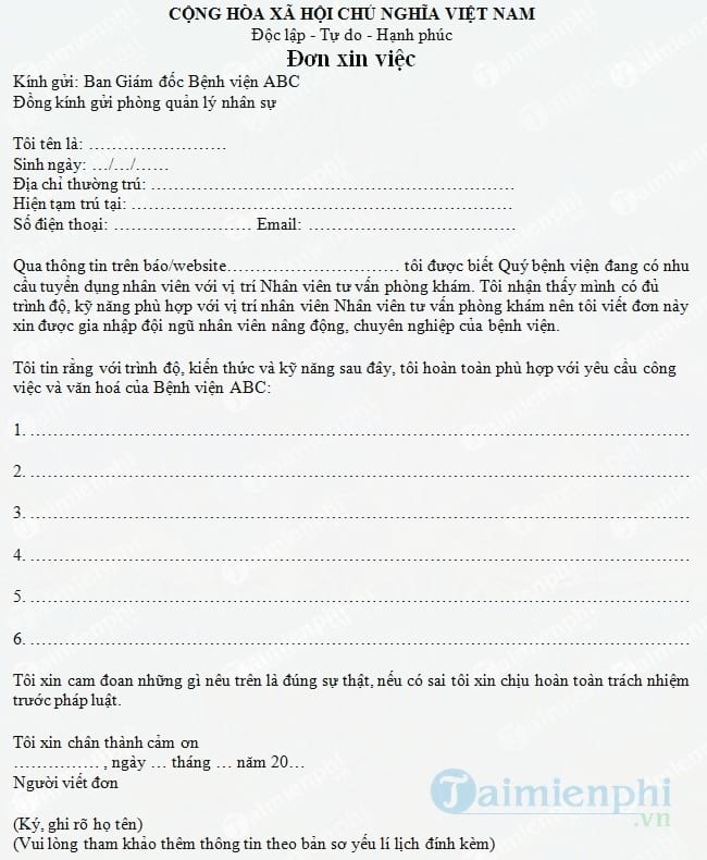 Đơn xin việc nhân viên tư vấn phòng khám
