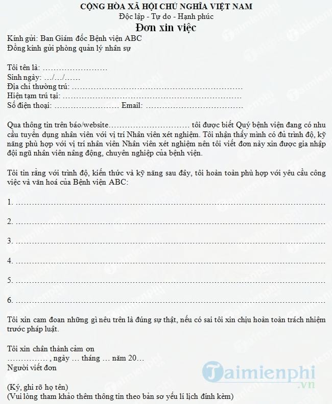 Đơn xin việc nhân viên xét nghiệm