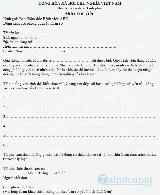 Đơn xin việc nhân viên đo thị lực