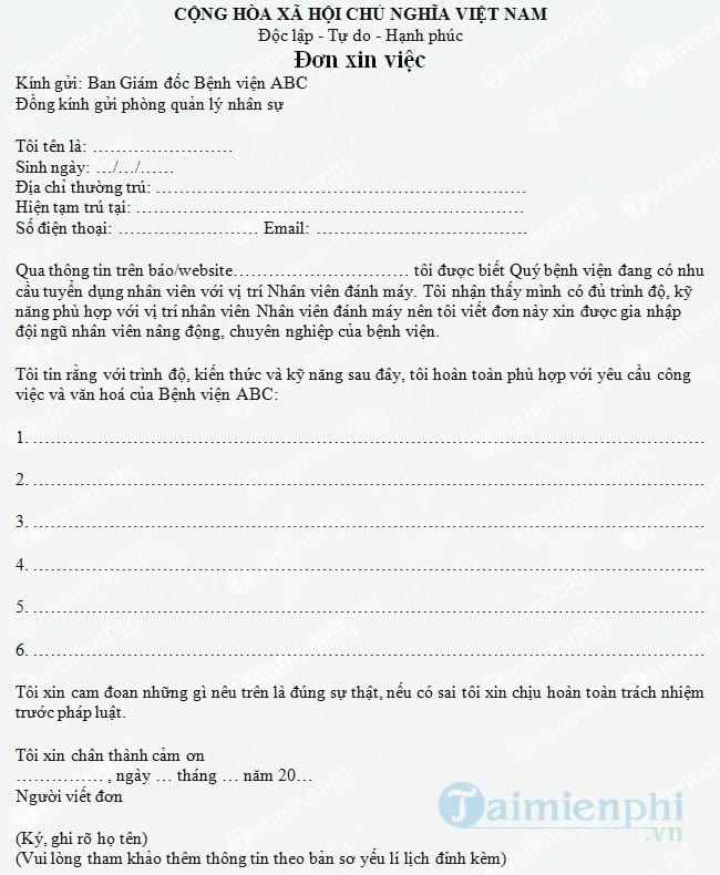 Đơn xin việc nhân viên đánh máy