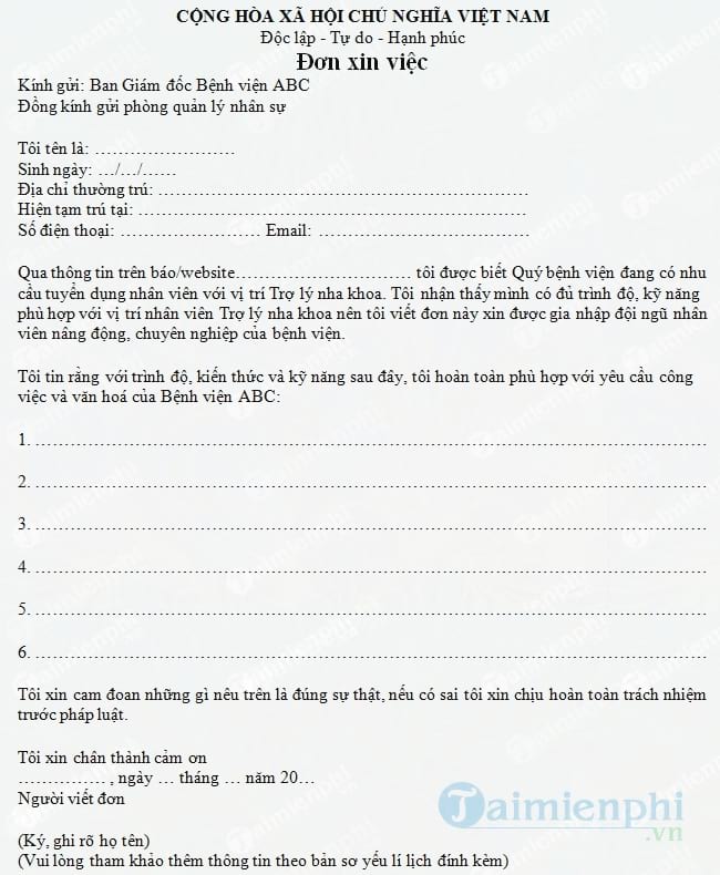 Đơn xin việc trợ lý nha khoa