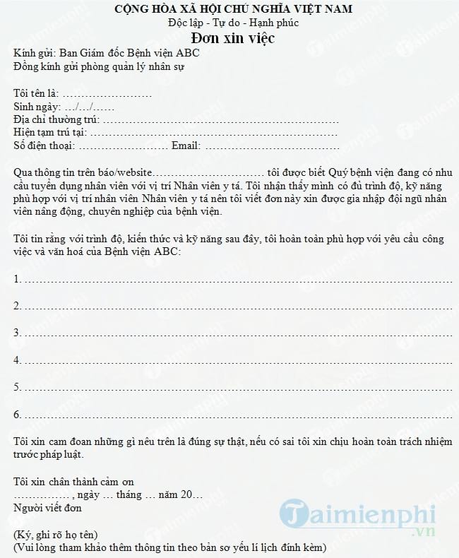Đơn xin việc y tá