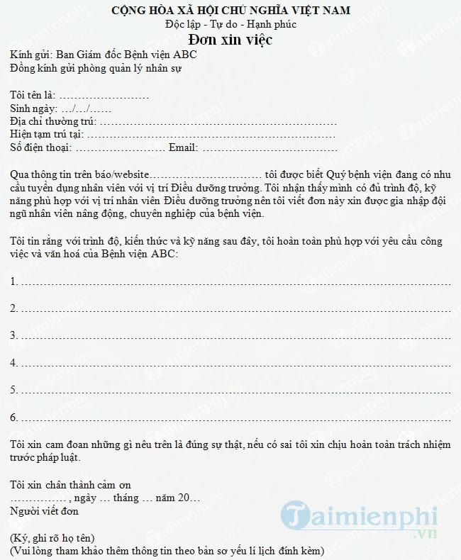 Đơn xin việc điều dưỡng trưởng