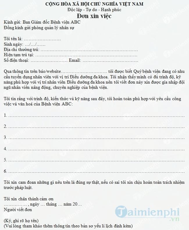 Đơn xin việc điều dưỡng đa khoa