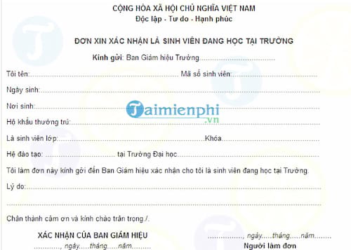 Đơn xin xác nhận là sinh viên đang học tại trường