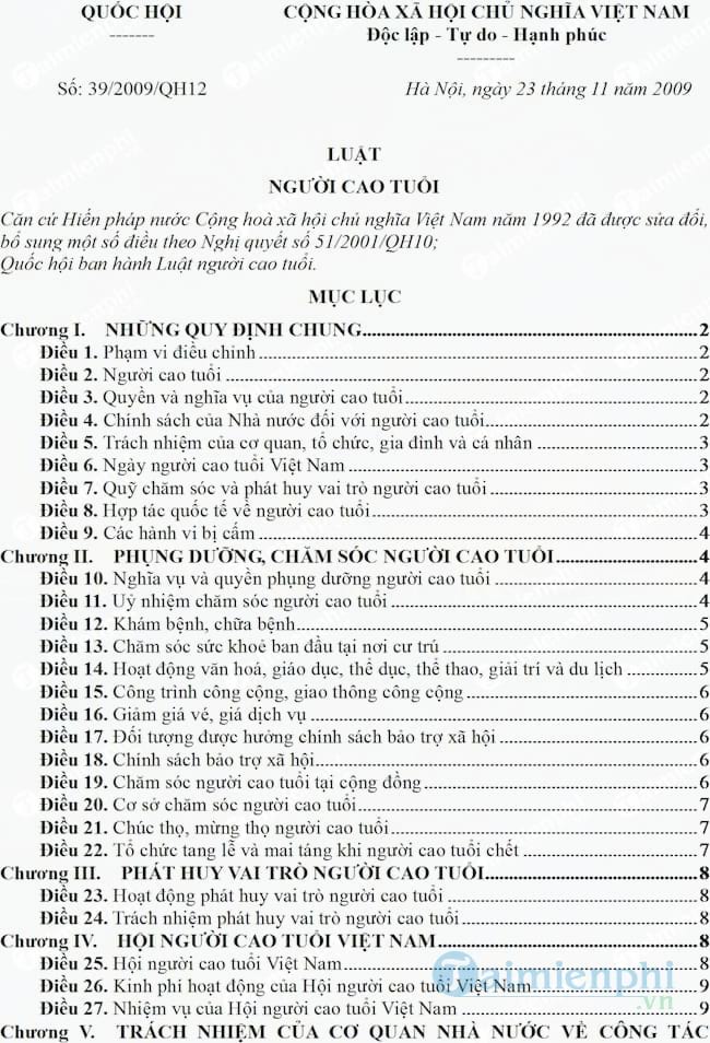 Luật người cao tuổi số 39/2009/QH12