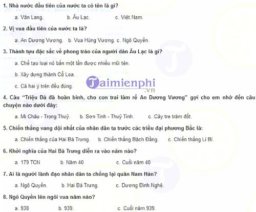 50 câu trắc nghiệm Lịch sử lớp 4