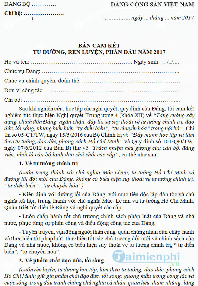 Bản cam kết tu dưỡng rèn luyện phấn đấu năm 2017