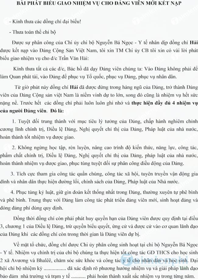 Lời phát biểu giao nhiệm vụ cho Đảng viên mới