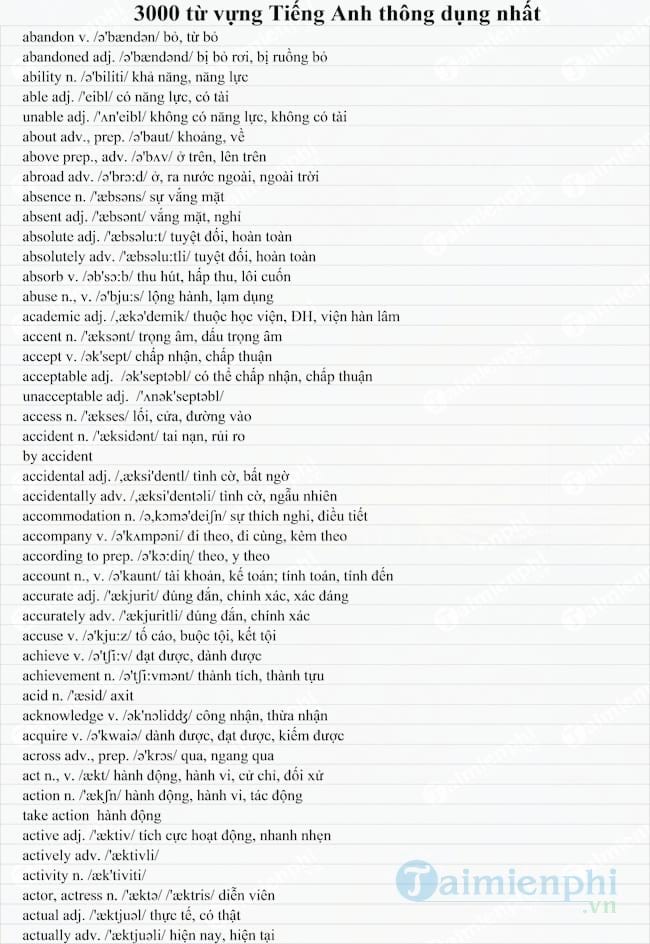 3000 từ vựng Tiếng Anh thông dụng nhất