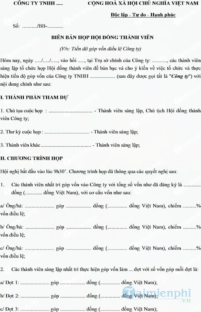 Biên bản thỏa thuận tiến độ góp vốn điều lệ