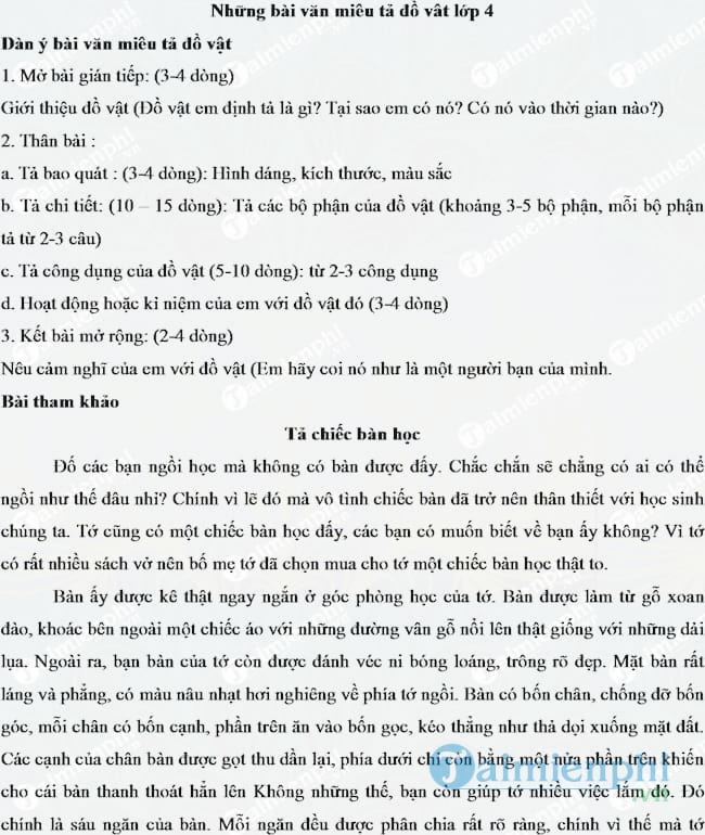 Tả đồ vật mà em thích lớp 4