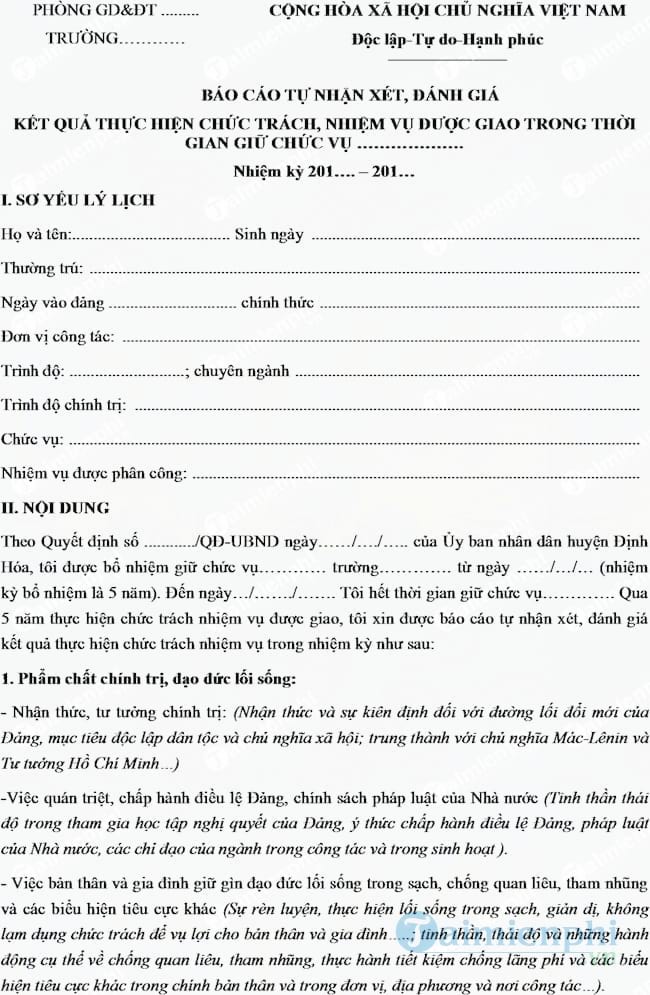 Mẫu kiểm điểm cán bộ quản lý hết nhiệm kỳ công tác năm 2017