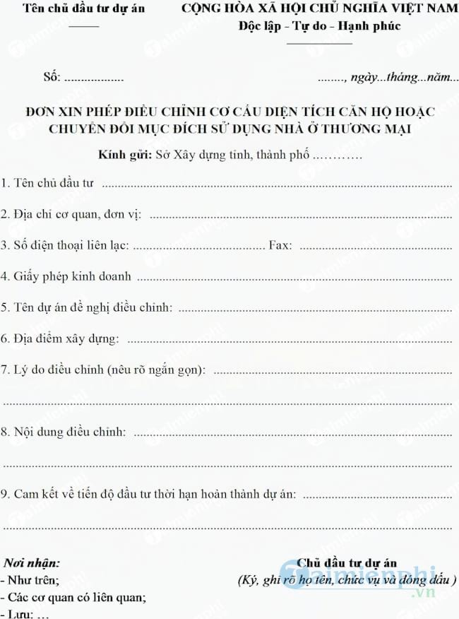 Đơn xin chuyển đổi mục đích sử dụng nhà ở thương mại
