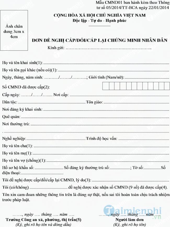 Đơn đề nghị cấp, đổi, đổi lại chứng minh nhân dân