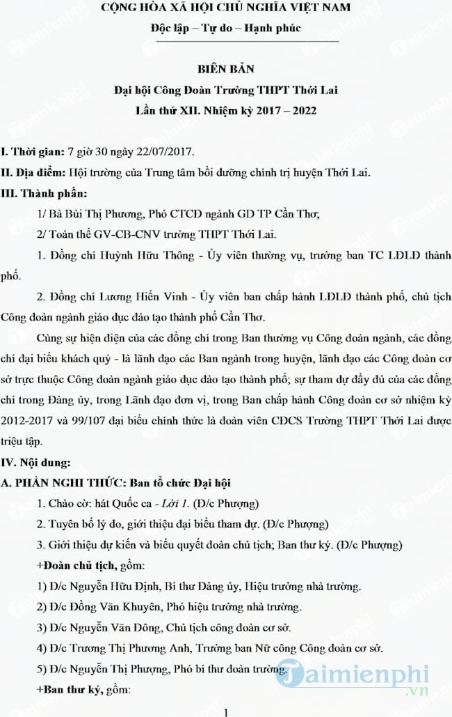 Biên bản đại hội công đoàn cơ sở