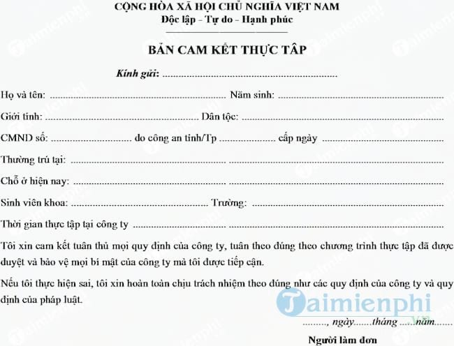 Mẫu bảng cam kết thực tập