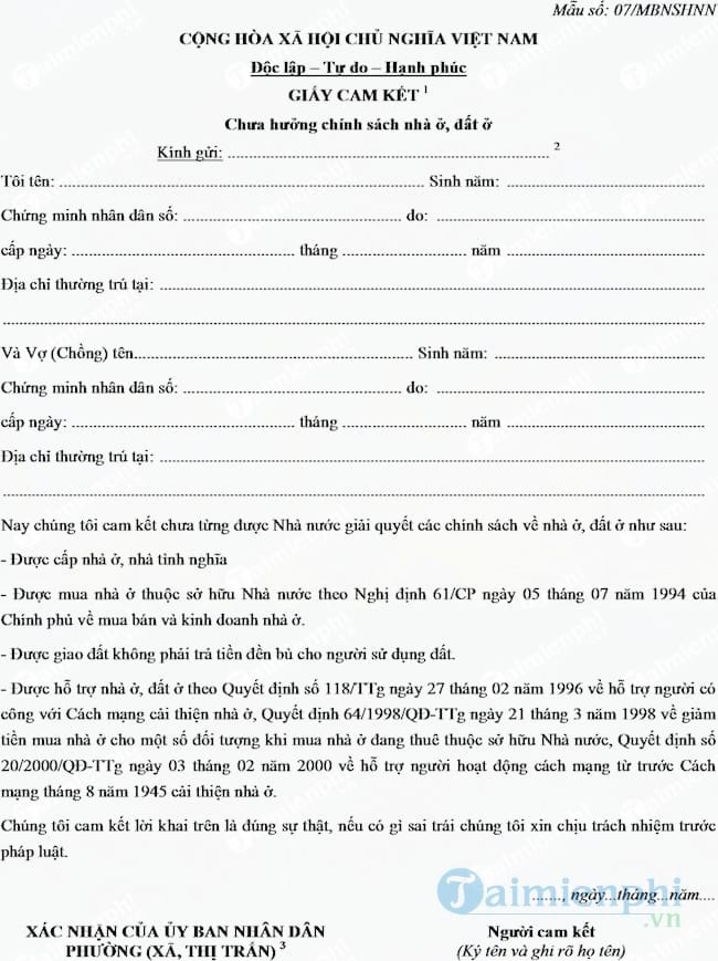 Giấy cam kết chưa hưởng chính sách nhà ở, đất ở