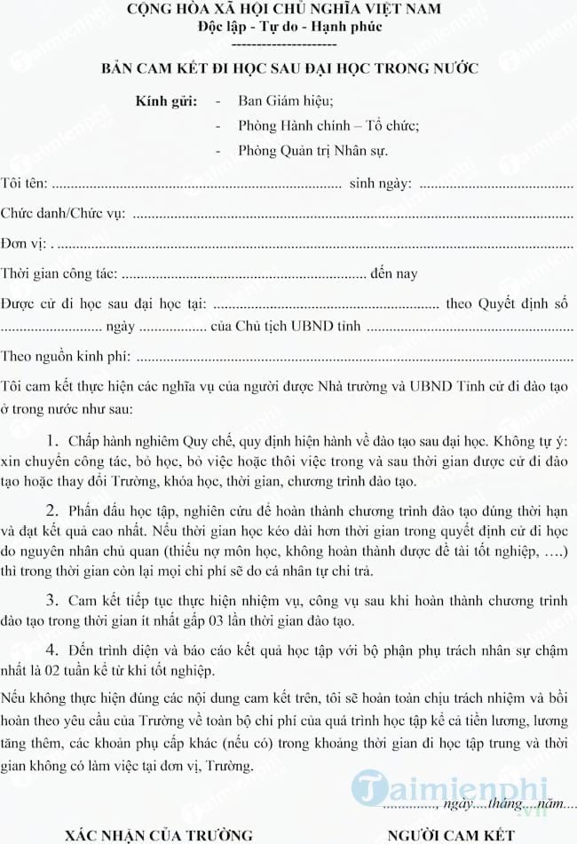 Bản cam kết đi học sau Đại học trong nước