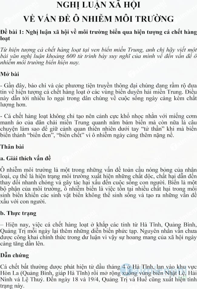 Nghị luận xã hội về vấn đề ô nhiễm môi trường