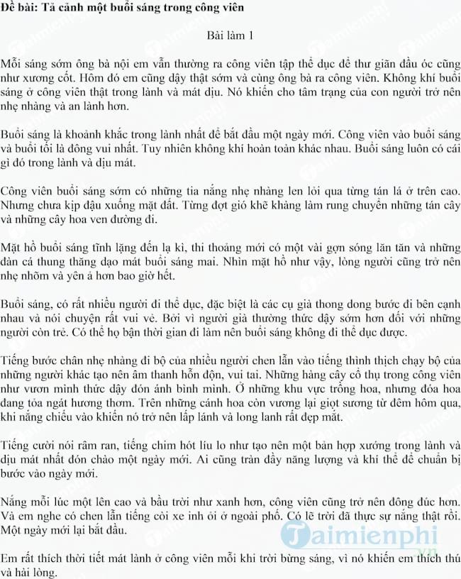 Tả cảnh công viên vào buổi sáng