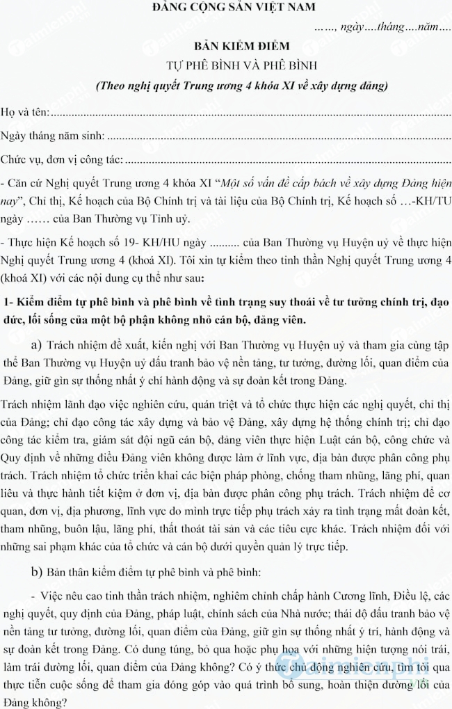 Mẫu nghị quyết TW4