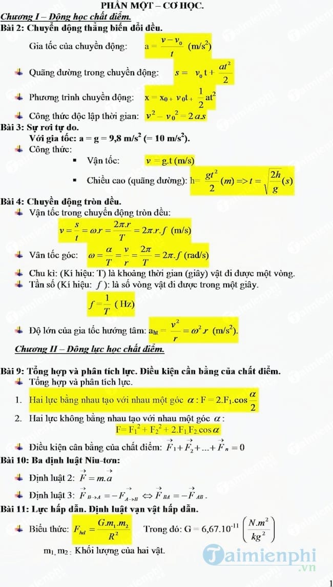 Công thức vật lý lớp 10