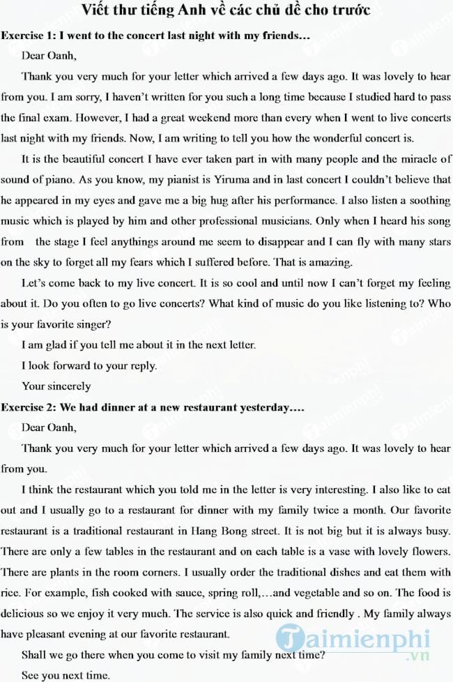 Viết thư tiếng Anh về các chủ đề cho trước