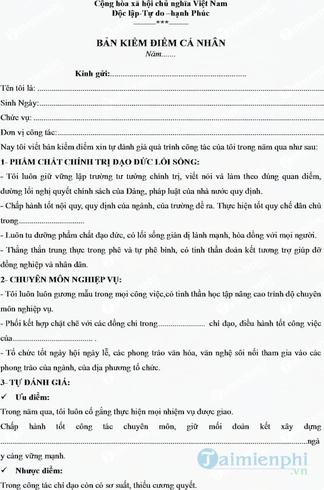 Mẫu bản kiểm điểm dành cho công chức