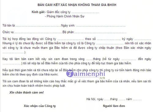 Bản cam kết không tham gia bảo hiểm xã hội