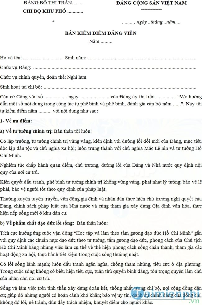 Bản kiểm điểm Đảng viên hưu trí