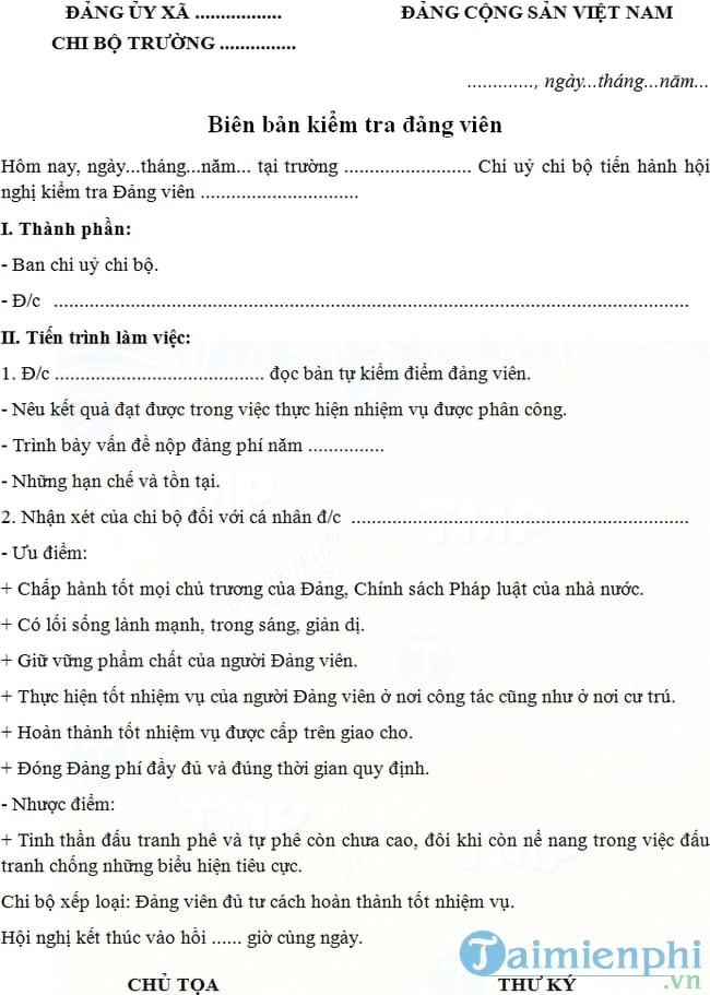 Mẫu biên bản kiểm tra Đảng viên