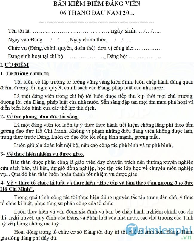 Bản kiểm điểm Đảng viên 6 tháng đầu năm
