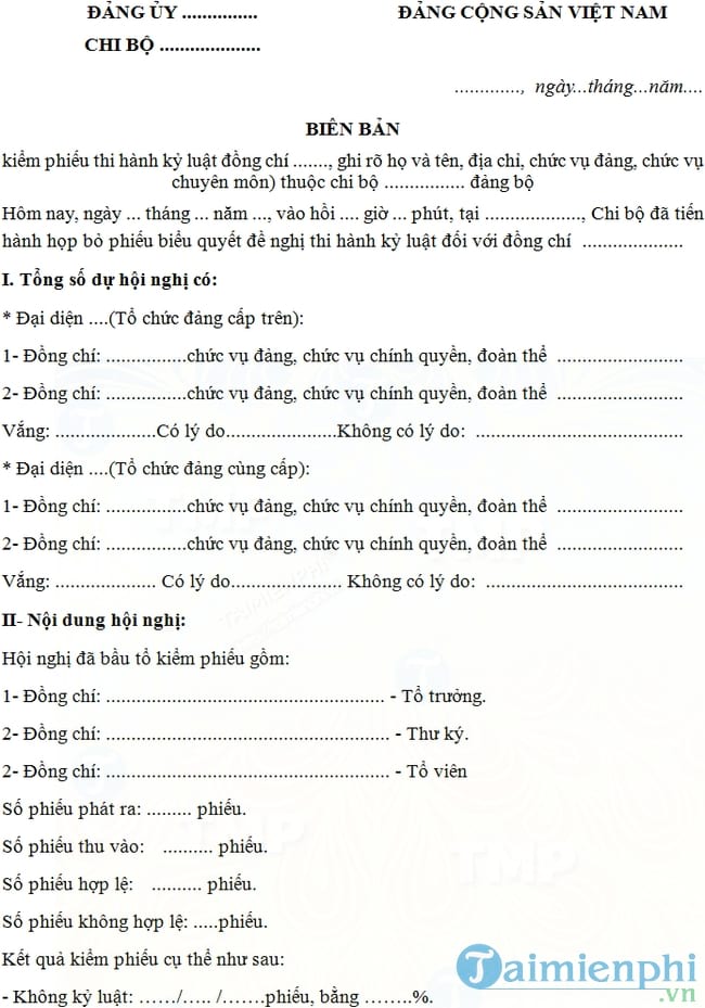 Mẫu biên bản kiểm phiếu thi hành kỷ luật Đảng viên