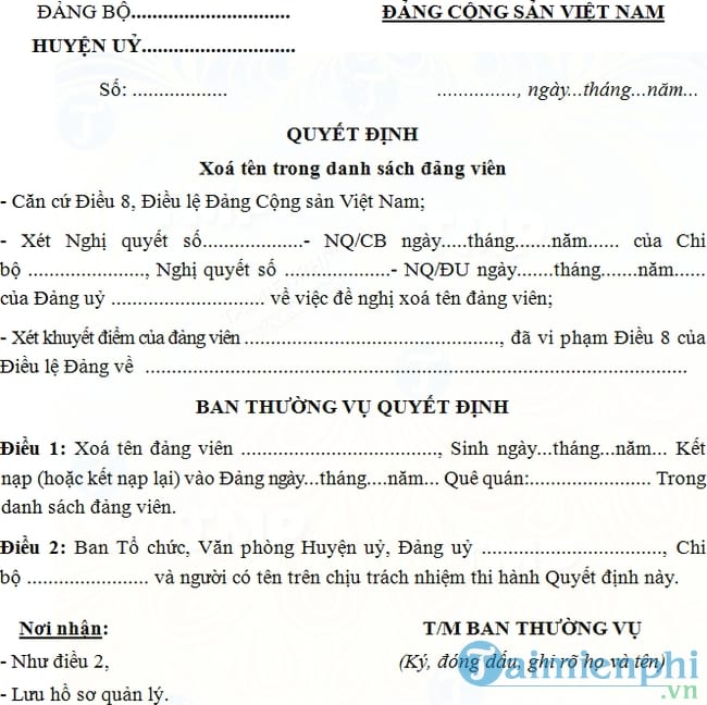 Mẫu quyết định xóa tên Đảng viên