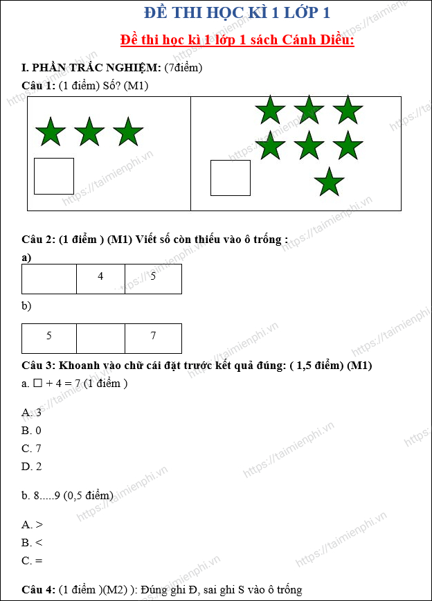 de thi hoc ki 1 mon toan lop 1