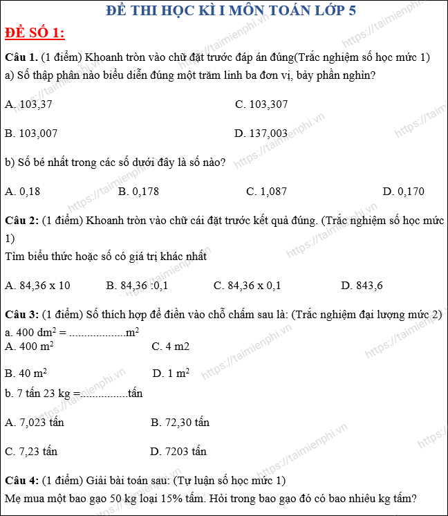 de thi hoc ki 1 mon toan lop 5