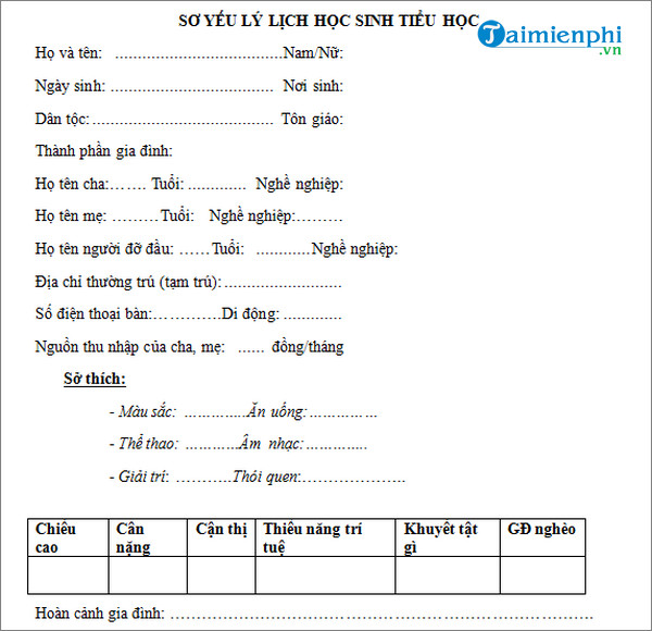 mau so yeu ly lich hoc sinh tieu hoc