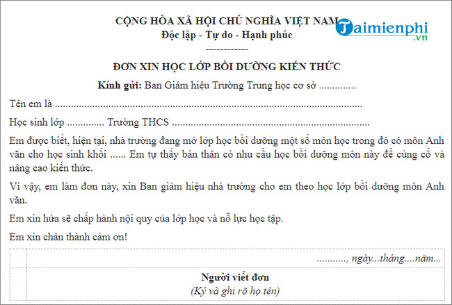 don xin hoc them mon tieng anh