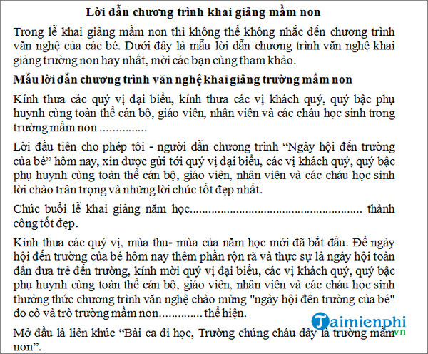 loi dan khai giang nam hoc moi mam non