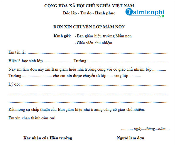 mau don xin chuyen lop mam non
