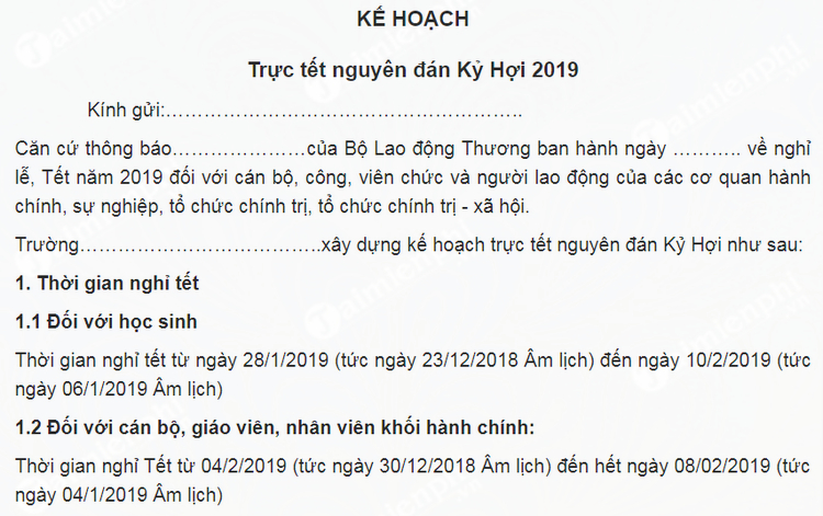 ke hoach truc tet nguyen dan 2019