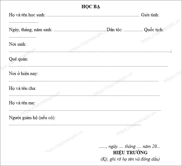 download Mau hoc ba tieu hoc theo Thong tu 27