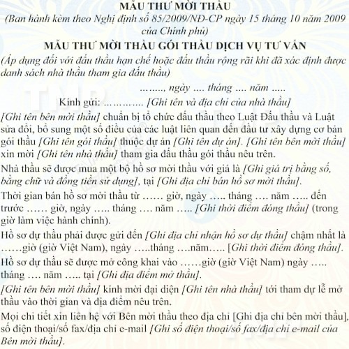 Mẫu thư mời thầu